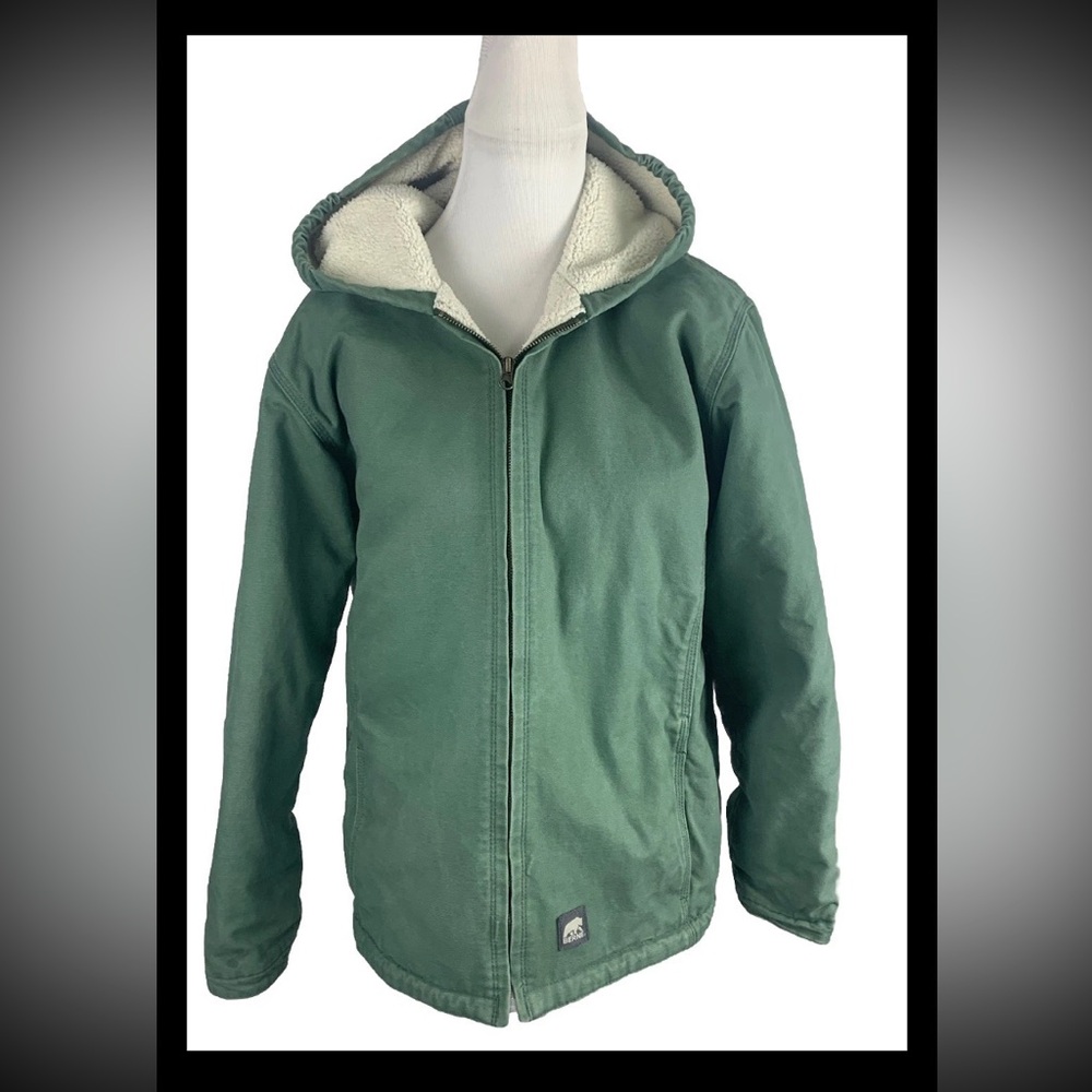 Berne Green Canvas Workwear Barn Jacket Hooded sherpa Lined Chore Coat Sz XL